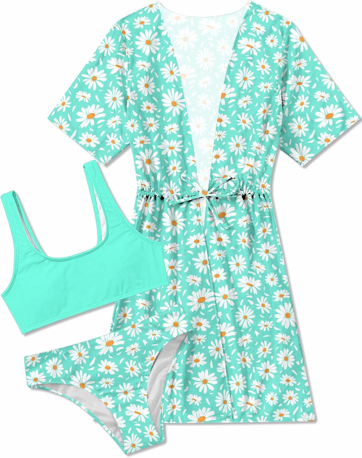 AIDEAONE Girls 3 Piece Bikini Swimsuit Set Cute Bathing Suit with Quick Dry Swimwear with Coverups 5-12T