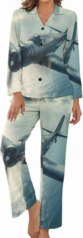 Airplane Aviation Womens Pajama Sets Button Down Sleepwear 2 Piece PJ Sets Loungewear Sets Night Suit with Pocket