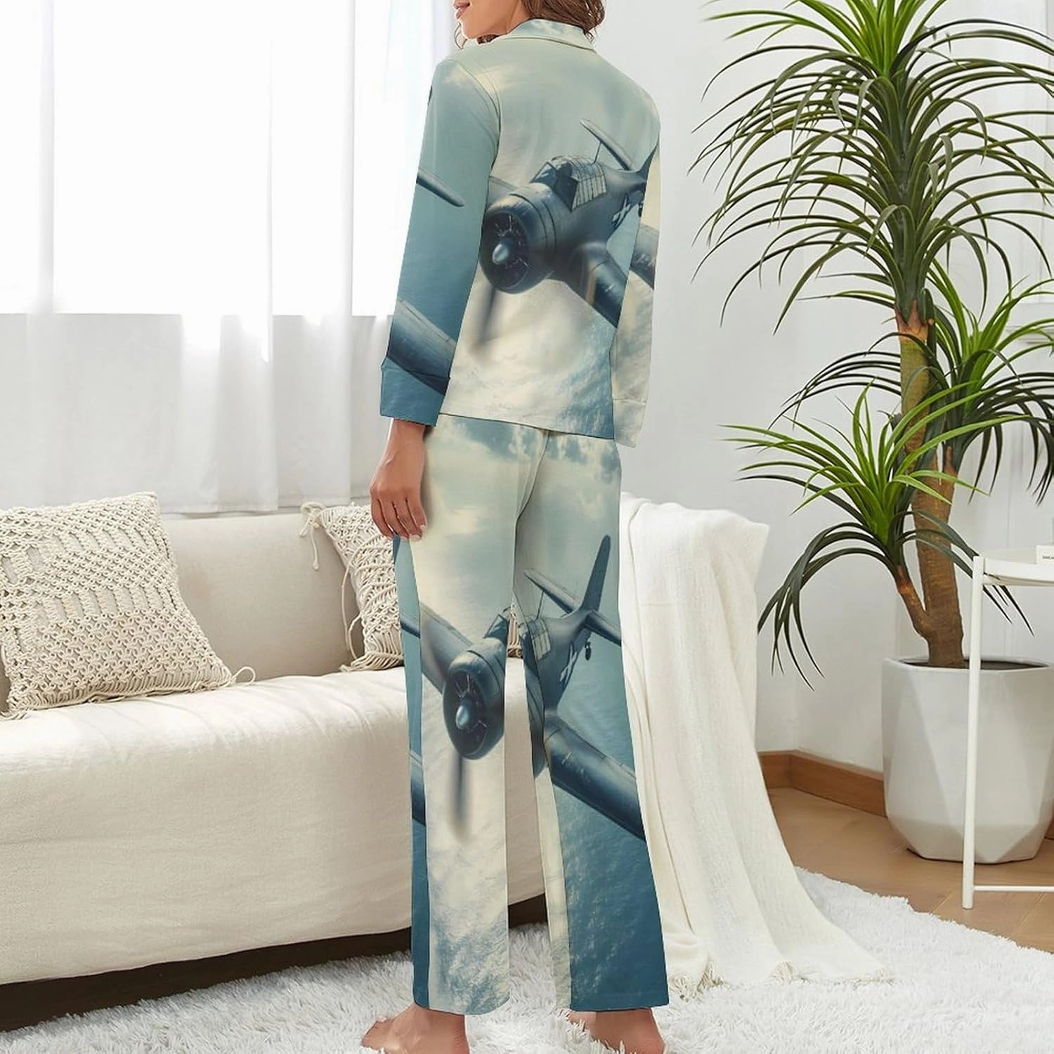 Airplane Aviation Womens Pajama Sets Button Down Sleepwear 2 Piece PJ Sets Loungewear Sets Night Suit with Pocket