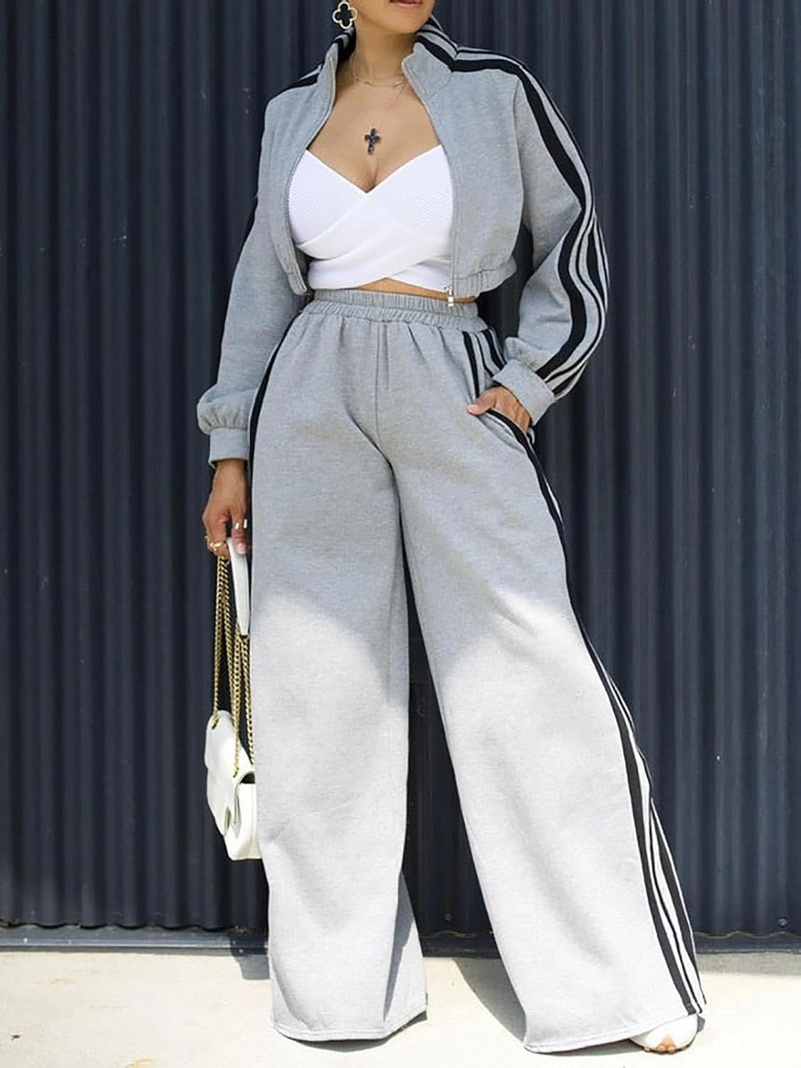 Akmipoem Sweatsuits Women 2 Piece Outfit Striped Tracksuit Long Sleeve Zipper Cropped Jackets Wide Leg Sweatpants Set
