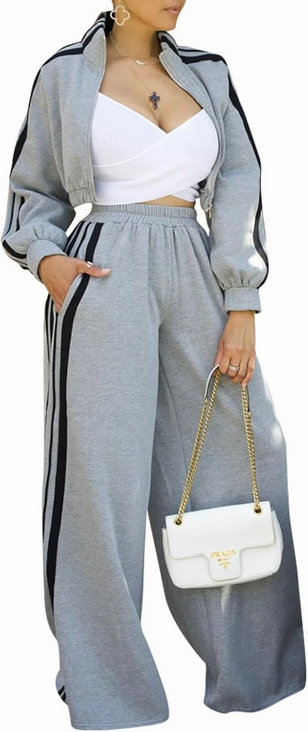 Akmipoem Sweatsuits Women 2 Piece Outfit Striped Tracksuit Long Sleeve Zipper Cropped Jackets Wide Leg Sweatpants Set