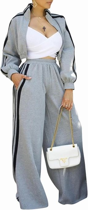 Akmipoem Sweatsuits Women 2 Piece Outfit Striped Tracksuit Long Sleeve Zipper Cropped Jackets Wide Leg Sweatpants Set