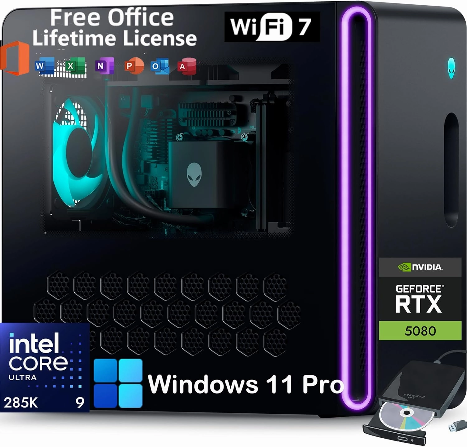 Alienware Aurora R16 Gaming Desktop 2025 - NVIDIA RTX 5080 GDDR7 (Beats 4090), Intel Core Ultra 9 285K(AI NPU), Win 11 Pro & Office License, External DVD, WiFi 7(64GB DDR5 | 8TB SDD | 2TB HDD)