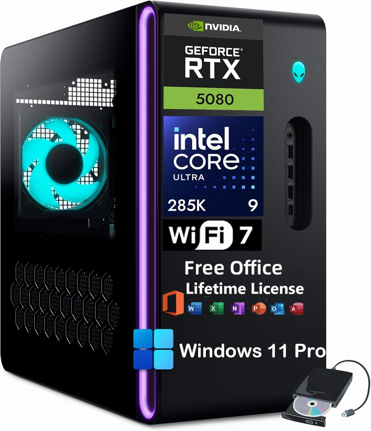 Alienware Aurora R16 Gaming Desktop 2025 - NVIDIA RTX 5080 GDDR7 (Beats RTX 4090), Intel Core Ultra 9 285K(AI NPU), Win 11 Pro, Office License, WiFi 7(32GB DDR5, 1TB SDD, 2TB HDD)