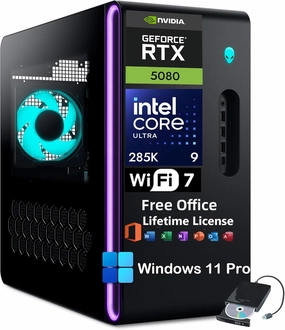 Alienware Aurora R16 Gaming Desktop 2025 - NVIDIA RTX 5080 GDDR7 (Beats RTX 4090), Intel Core Ultra 9 285K(AI NPU), Win 11 Pro, Office License, WiFi 7(64GB DDR5 | 2TB SDD | 2TB HDD)