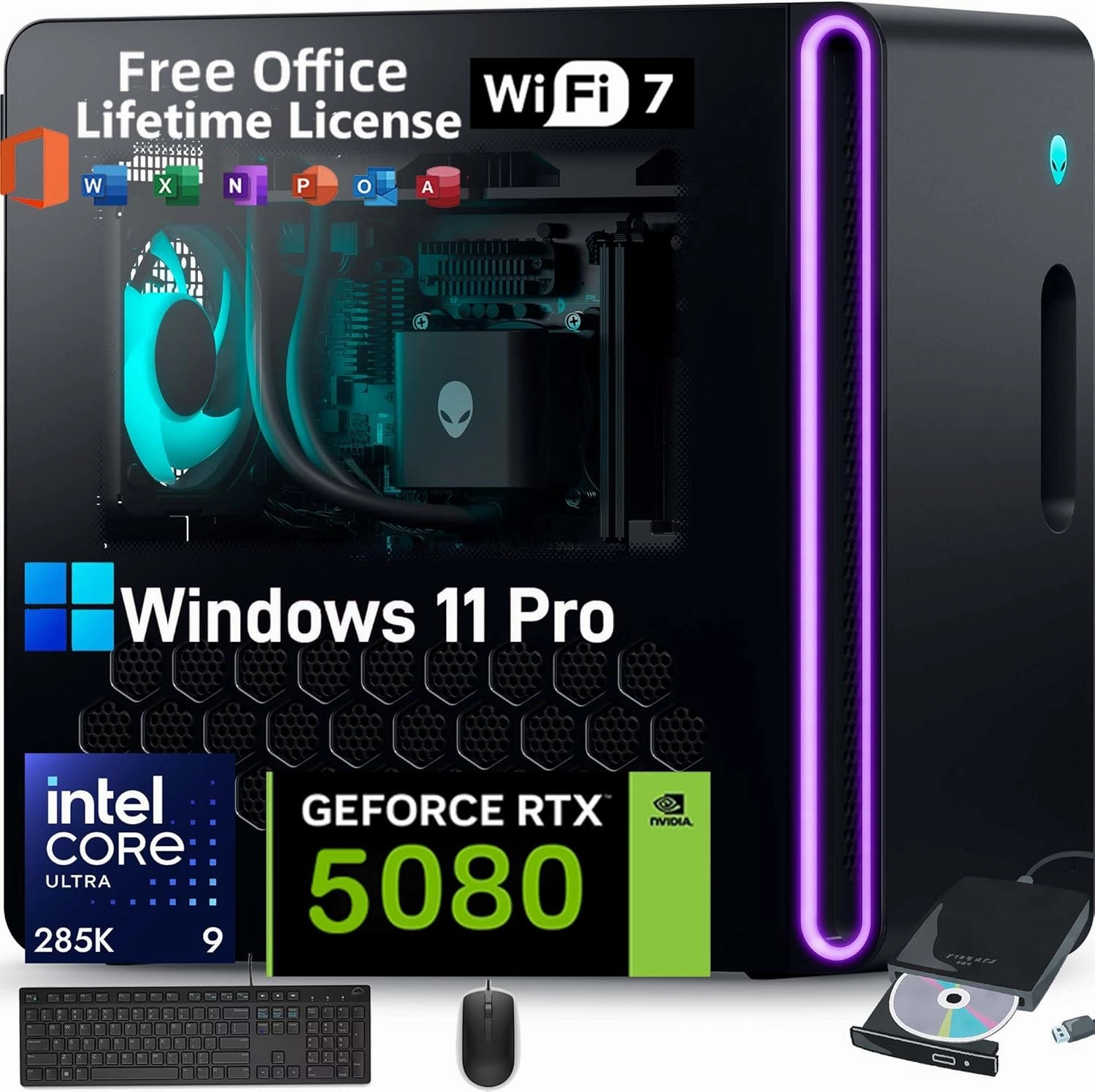 Alienware Aurora R16 Gaming Desktop 2025, Intel 24 Core Ultra 9 285K(AI NPU), RTX 5080 GDDR7(Beat 4090), 64GB DDR5, 2TB SDD, 2TB HDD, Win 11 Pro, with Office License, External DVD Drive, WiFi 7