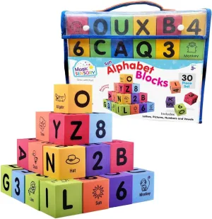 Alphabet Stacking Blocks for Toddlers - 30 Pcs Set - Colourful Soft EVA Foam Blocks for Kids - Features Abc's, Numbers and Pictures for Ages 3 