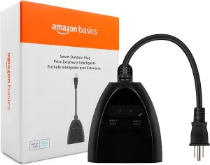 Amazon Basics Outdoor Smart Wi-Fi Plug with 2 Individually Controlled Outlets, Weather Resistant, Works with Alexa Only, No Hub Required, 2.4 GHz, Black
