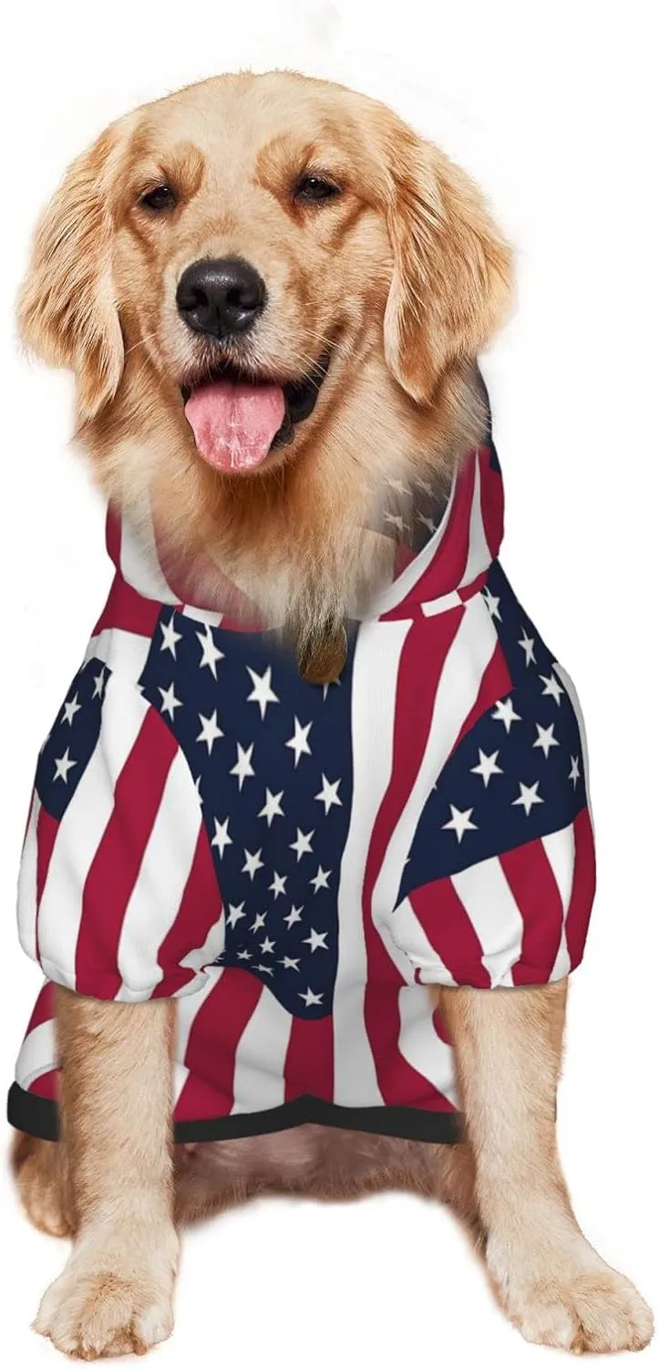 American Flag Dog Hoodie Sweater with Leash Hole and Pocket Cold Weather Clothes for Medium Large Dogs
