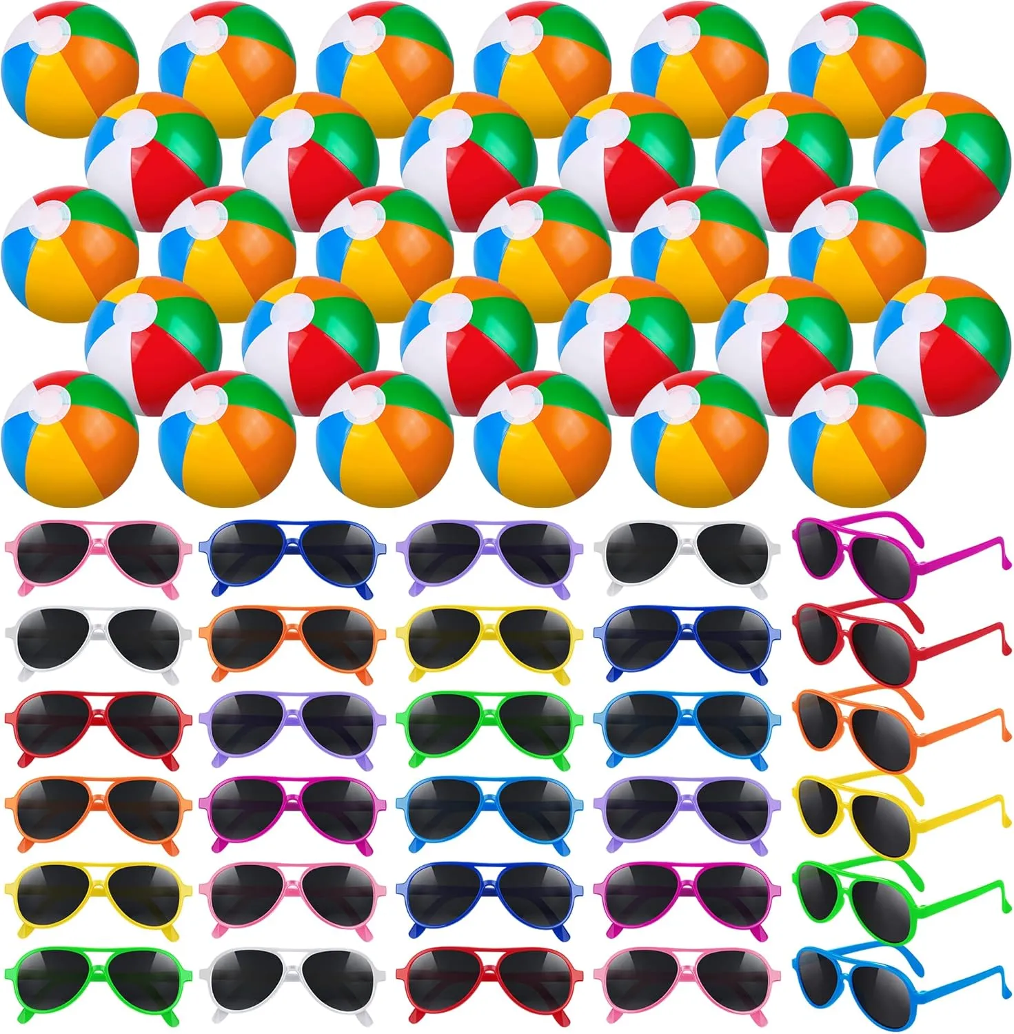 Aodaer 30 Pieces Kids Neon Sunglasses Bulk and 30 Pieces Inflatable Beach Balls 8-12 Inches for Beach Pool Party Favors Rainbow Inflatable Swimming Pool Balls for Water Games Toys Summer Supplies