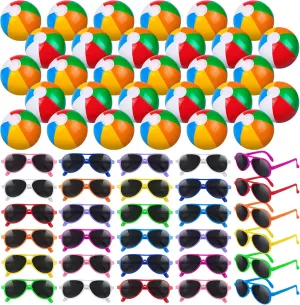 Aodaer 30 Pieces Kids Neon Sunglasses Bulk and 30 Pieces Inflatable Beach Balls 8-12 Inches for Beach Pool Party Favors Rainbow Inflatable Swimming Pool Balls for Water Games Toys Summer Supplies