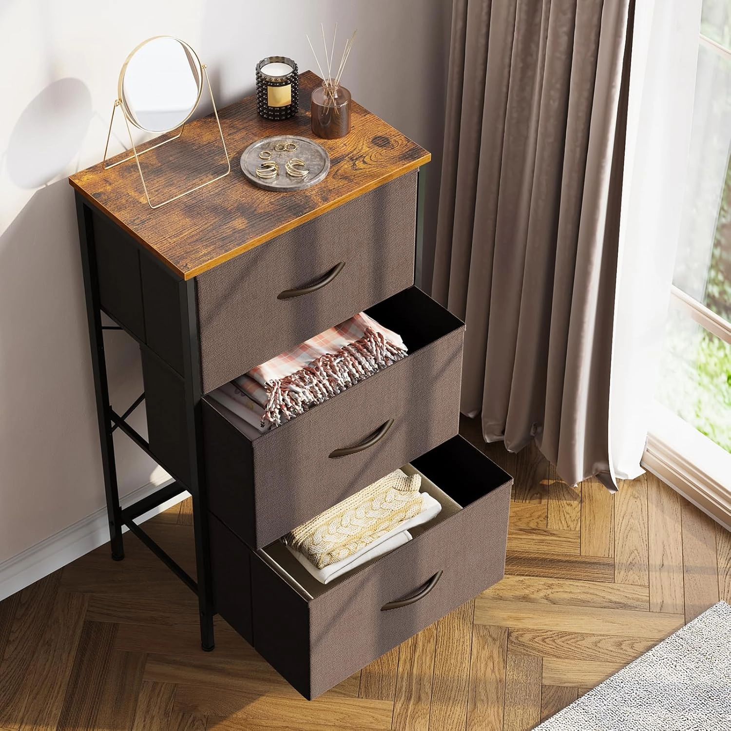 AODK Dresser for Bedroom Nightstand Small Dressers Chest of Drawers End Table for Living Room, Closet Dresser with 3 Storage Drawers Organizer Clothes, Brown