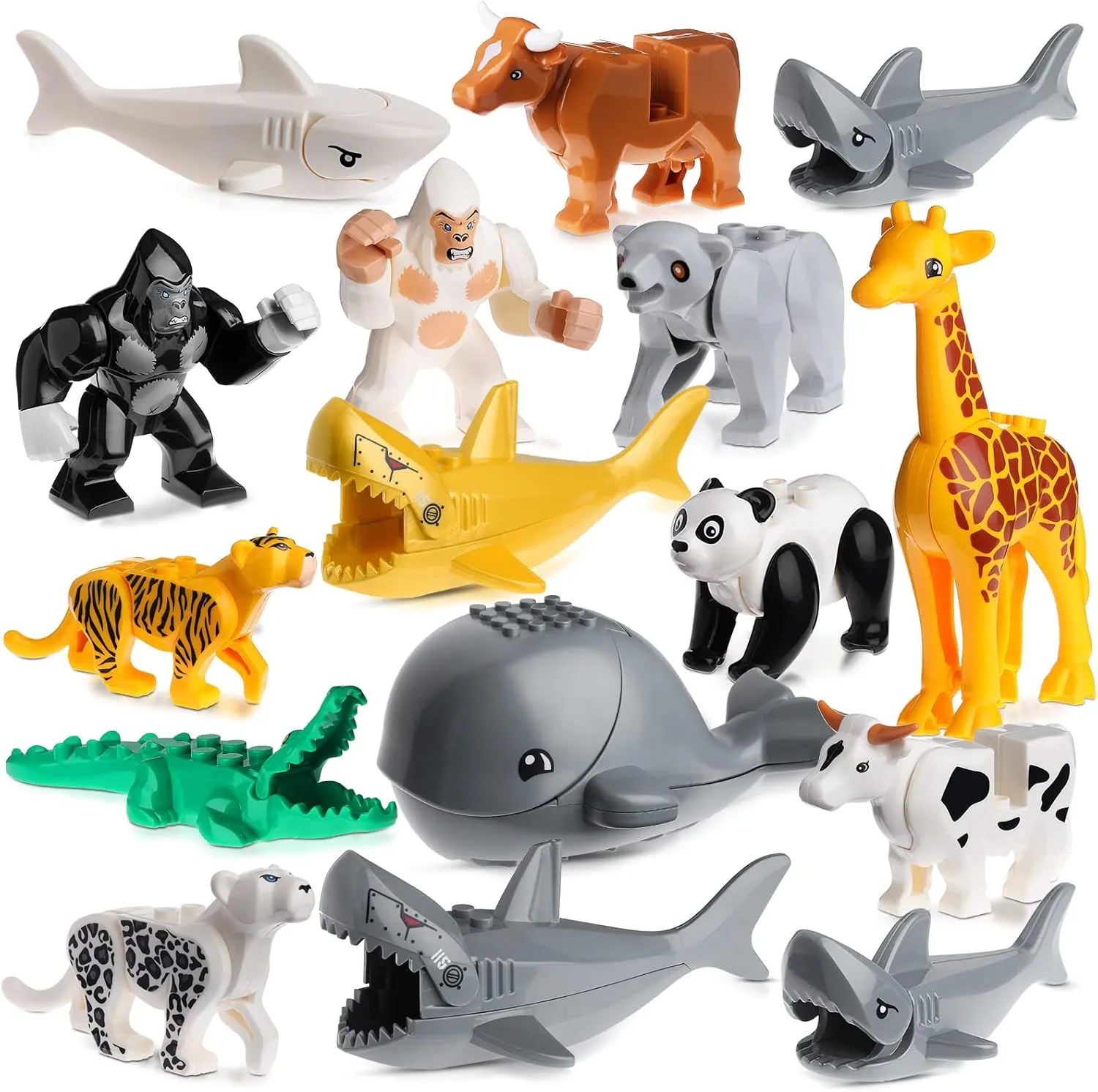Aoriher 16 Pcs Zoo Animals Building Blocks Jungle Model Figures Set with Orangutan, Panda, Shark, Giraffe Building Bricks for Adults, Compatible with Major Block Brands