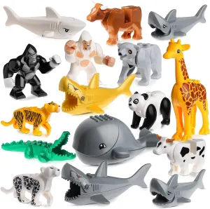 Aoriher 16 Pcs Zoo Animals Building Blocks Jungle Model Figures Set with Orangutan, Panda, Shark, Giraffe Building Bricks for Adults, Compatible with Major Block Brands