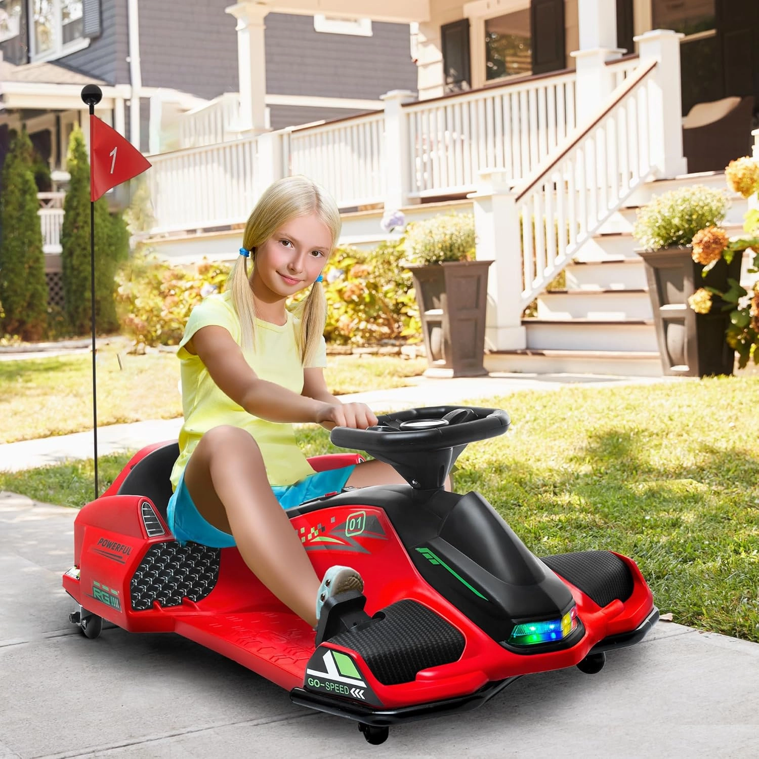 Aosom 12V Electric Go Kart, 5 MPH Drifting Car, Battery Powered Ride on Toy Outdoor with Slow Start, Music, Colorful Lights, for 8-12 Years Old, Red