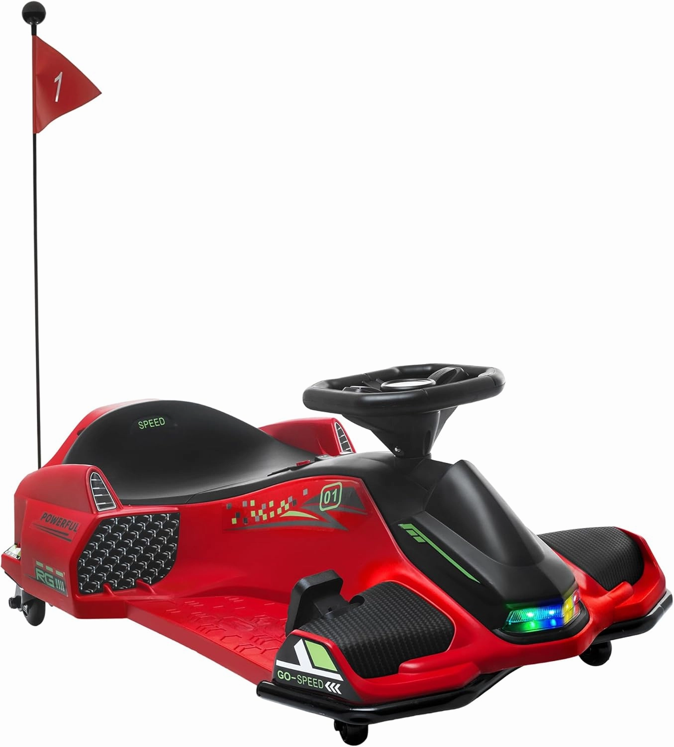 Aosom 12V Electric Go Kart, 5 MPH Drifting Car, Battery Powered Ride on Toy Outdoor with Slow Start, Music, Colorful Lights, for 8-12 Years Old, Red