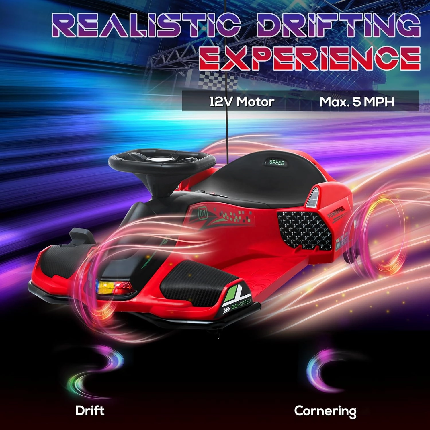 Aosom 12V Electric Go Kart, 5 MPH Drifting Car, Battery Powered Ride on Toy Outdoor with Slow Start, Music, Colorful Lights, for 8-12 Years Old, Red