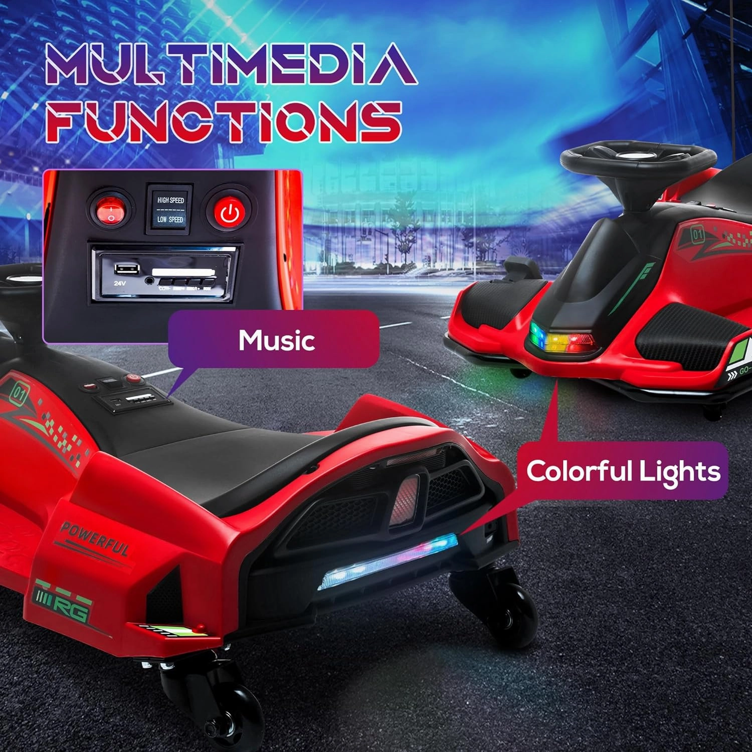 Aosom 12V Electric Go Kart, 5 MPH Drifting Car, Battery Powered Ride on Toy Outdoor with Slow Start, Music, Colorful Lights, for 8-12 Years Old, Red