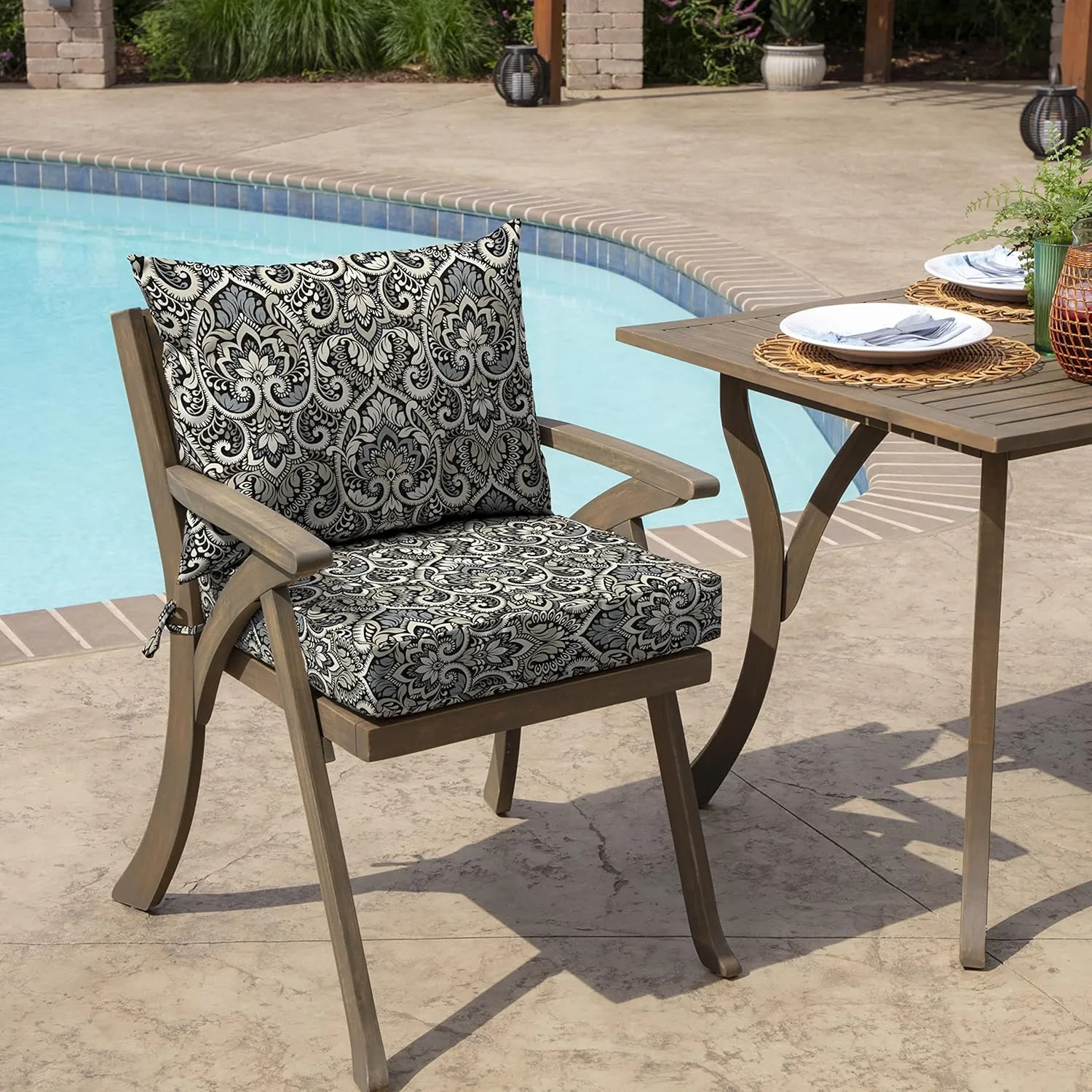 Arden Outdoor Dining Chair Cushion, 21 x 21, Rain-Proof, Fade Resistant 21 x 21, Black Aurora Damask