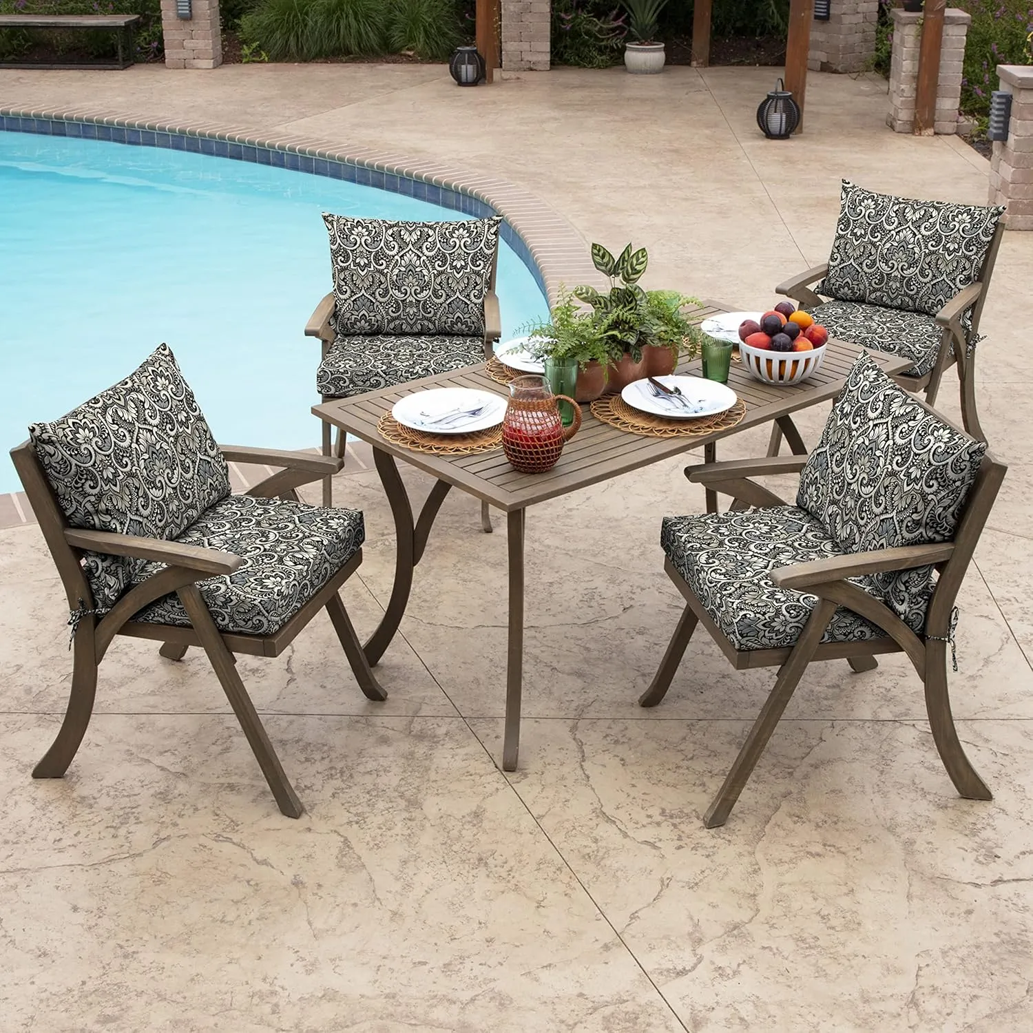 Arden Outdoor Dining Chair Cushion, 21 x 21, Rain-Proof, Fade Resistant 21 x 21, Black Aurora Damask