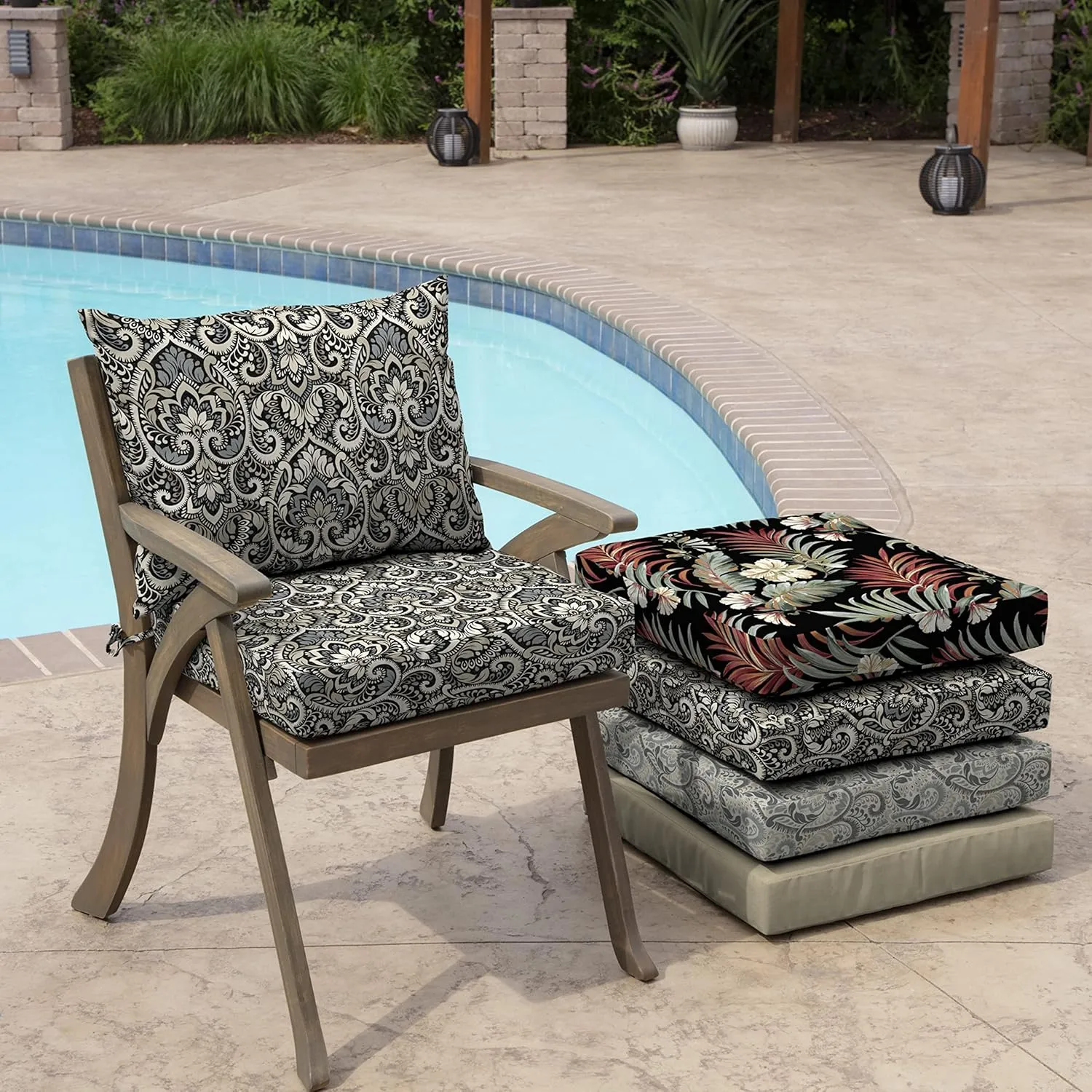 Arden Outdoor Dining Chair Cushion, 21 x 21, Rain-Proof, Fade Resistant 21 x 21, Black Aurora Damask