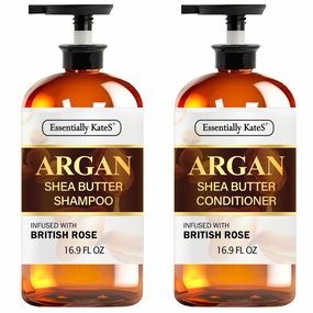 Argan Shea Butter Shampoo and Conditioner Infused with Rose Extract 16 Fl Oz Set, Pack of 2 - Long Lasting Moisturizing Effect - Curly and Wavy Hair