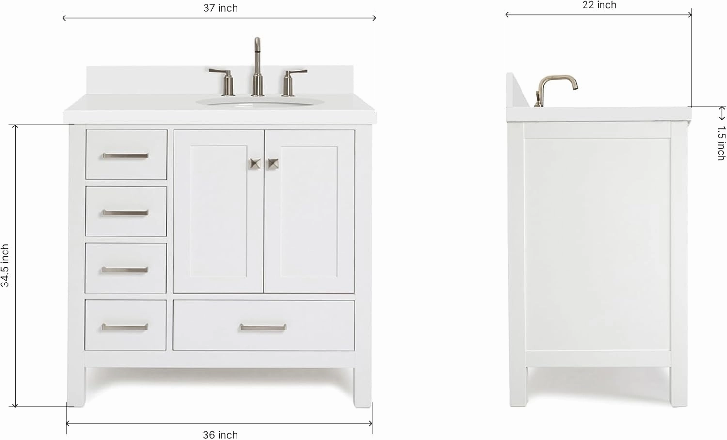 ARIEL Cambridge 37 Inch Bathroom Vanity with Single Sink, White Bathroom Vanity, Solid Wood Vanity Cabinet, White Quartz Top 1.5-Inch Edge, Right Oval Undermount Sink, 2 Soft Closing Doors, 5 Drawers