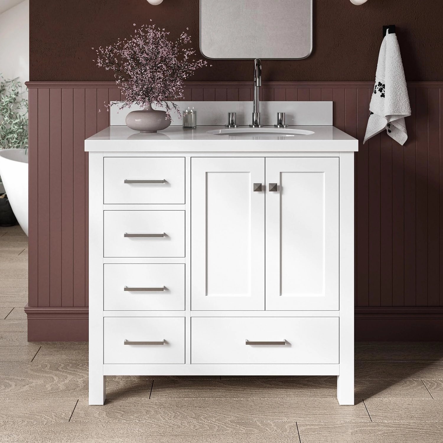 ARIEL Cambridge 37 Inch Bathroom Vanity with Single Sink, White Bathroom Vanity, Solid Wood Vanity Cabinet, White Quartz Top 1.5-Inch Edge, Right Oval Undermount Sink, 2 Soft Closing Doors, 5 Drawers