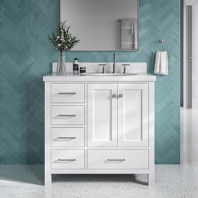 ARIEL Cambridge 37 Inch Bathroom Vanity with Single Sink, White Bathroom Vanity, Solid Wood Vanity Cabinet, White Quartz Top 1.5-Inch Edge, Right Oval Undermount Sink, 2 Soft Closing Doors, 5 Drawers