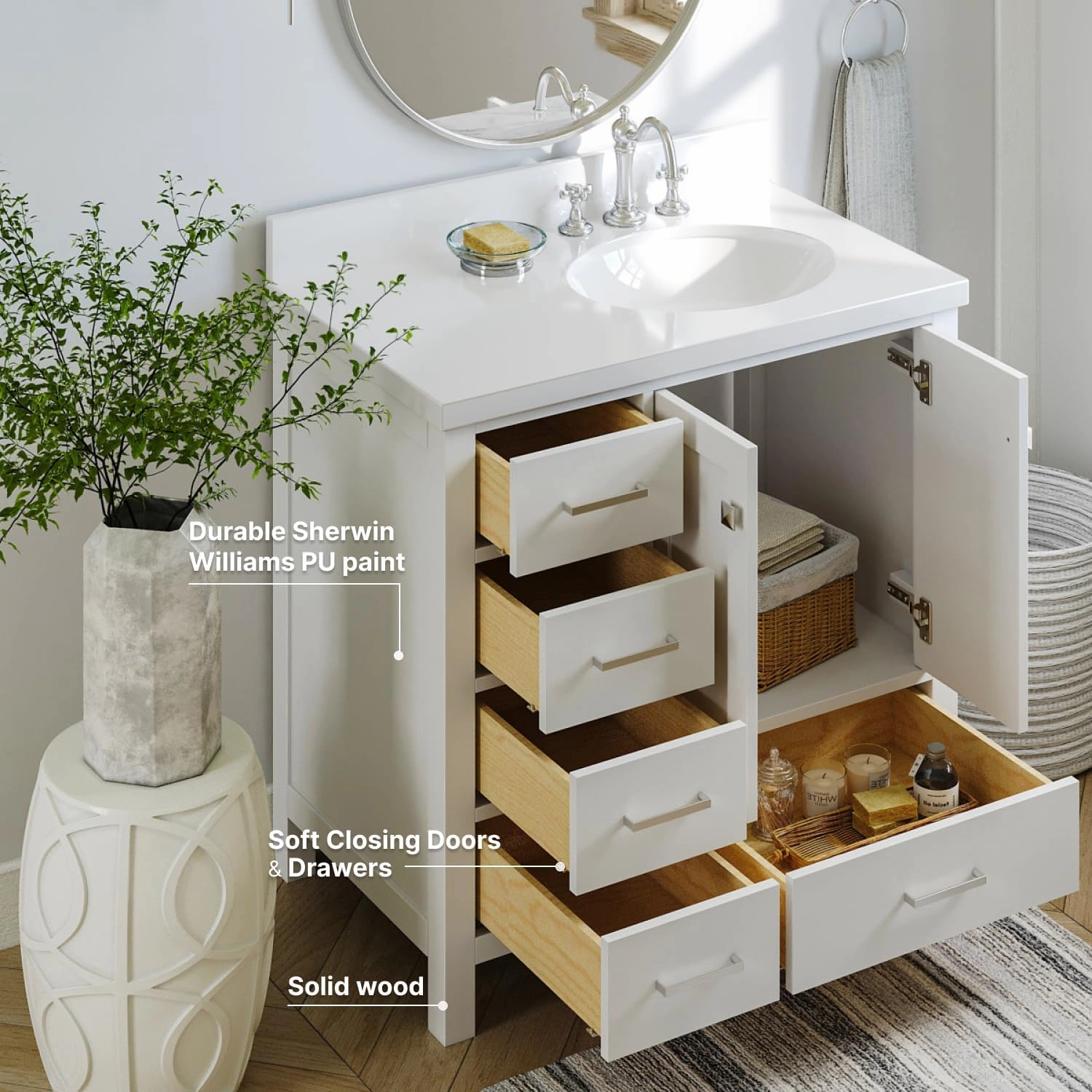ARIEL Cambridge 37 Inch Bathroom Vanity with Single Sink, White Bathroom Vanity, Solid Wood Vanity Cabinet, White Quartz Top 1.5-Inch Edge, Right Oval Undermount Sink, 2 Soft Closing Doors, 5 Drawers