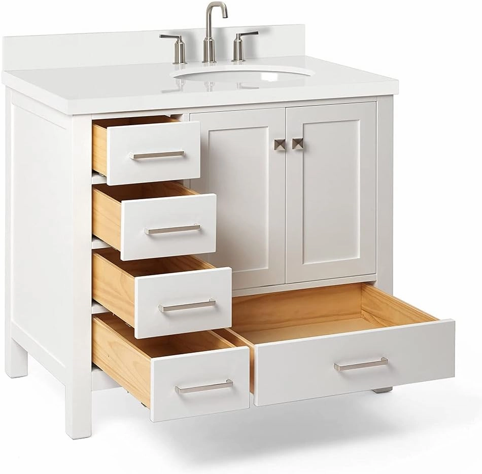ARIEL Cambridge 37 Inch Bathroom Vanity with Single Sink, White Bathroom Vanity, Solid Wood Vanity Cabinet, White Quartz Top 1.5-Inch Edge, Right Oval Undermount Sink, 2 Soft Closing Doors, 5 Drawers