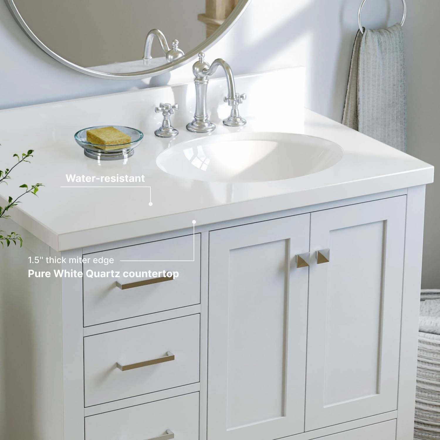 ARIEL Cambridge 37 Inch Bathroom Vanity with Single Sink, White Bathroom Vanity, Solid Wood Vanity Cabinet, White Quartz Top 1.5-Inch Edge, Right Oval Undermount Sink, 2 Soft Closing Doors, 5 Drawers