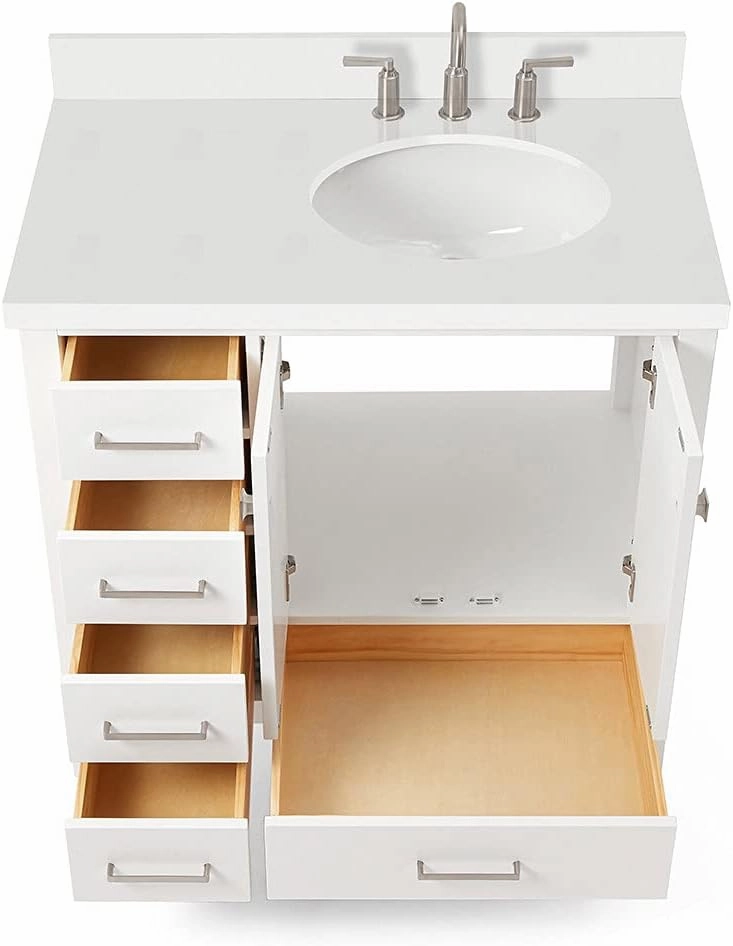 ARIEL Cambridge 37 Inch Bathroom Vanity with Single Sink, White Bathroom Vanity, Solid Wood Vanity Cabinet, White Quartz Top 1.5-Inch Edge, Right Oval Undermount Sink, 2 Soft Closing Doors, 5 Drawers