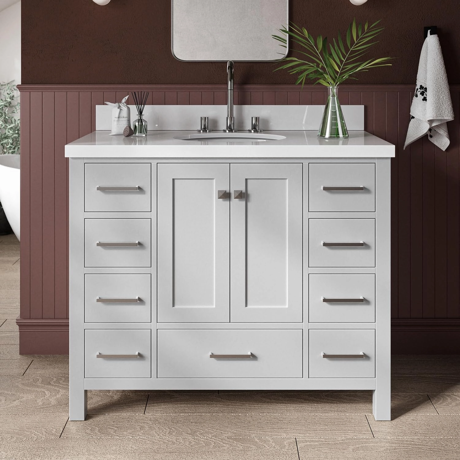 ARIEL Cambridge 43 Inch Bathroom Vanity, Grey Bathroom Vanity with Sink, Solid Wood Vanity Cabinet, Quartz Top 1.5" Edge, Oval Undermount Single Sink, 2 Soft Closing Doors, 9 Drawers
