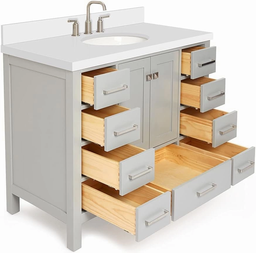ARIEL Cambridge 43 Inch Bathroom Vanity, Grey Bathroom Vanity with Sink, Solid Wood Vanity Cabinet, Quartz Top 1.5" Edge, Oval Undermount Single Sink, 2 Soft Closing Doors, 9 Drawers