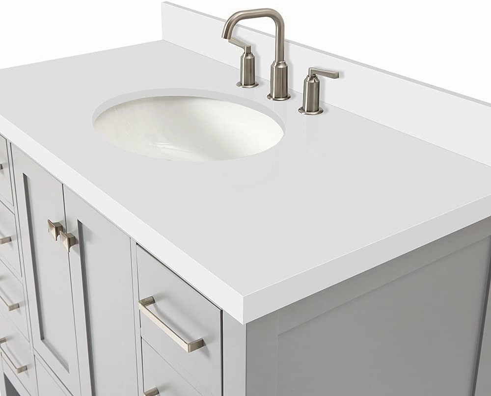 ARIEL Cambridge 43 Inch Bathroom Vanity, Grey Bathroom Vanity with Sink, Solid Wood Vanity Cabinet, Quartz Top 1.5" Edge, Oval Undermount Single Sink, 2 Soft Closing Doors, 9 Drawers