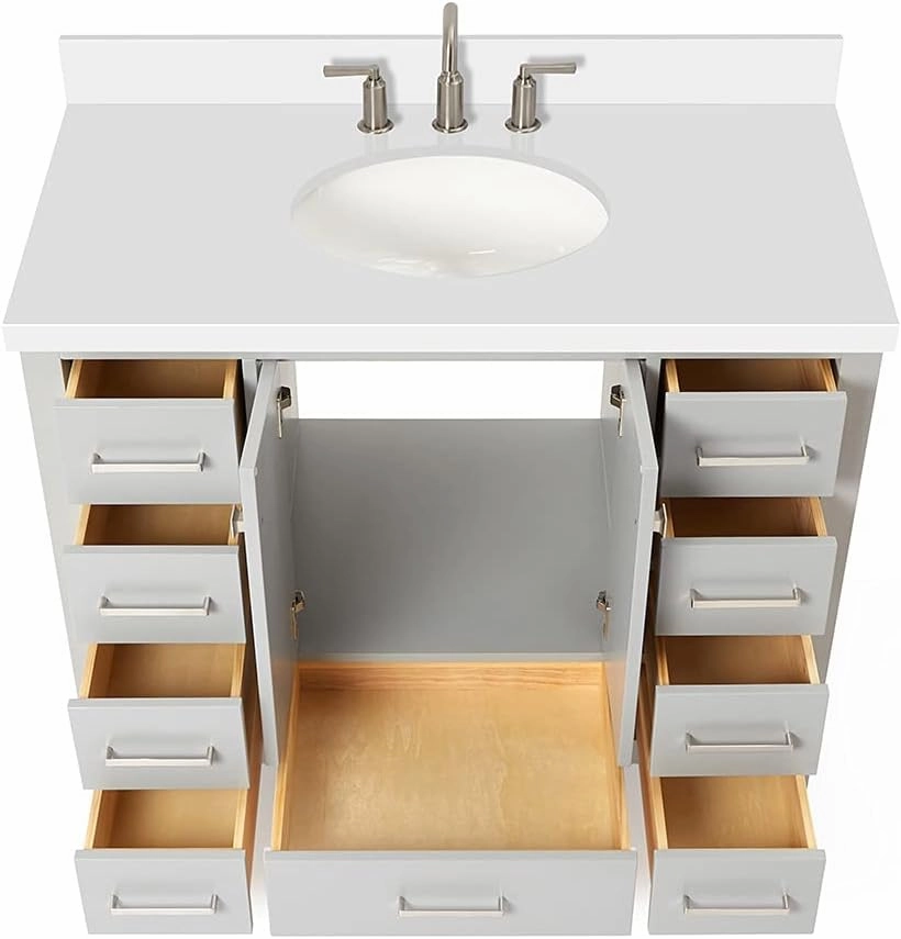 ARIEL Cambridge 43 Inch Bathroom Vanity, Grey Bathroom Vanity with Sink, Solid Wood Vanity Cabinet, Quartz Top 1.5" Edge, Oval Undermount Single Sink, 2 Soft Closing Doors, 9 Drawers