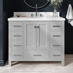 ARIEL Cambridge 43 Inch Bathroom Vanity, Grey Bathroom Vanity with Sink, Solid Wood Vanity Cabinet, Quartz Top 1.5" Edge, Oval Undermount Single Sink, 2 Soft Closing Doors, 9 Drawers