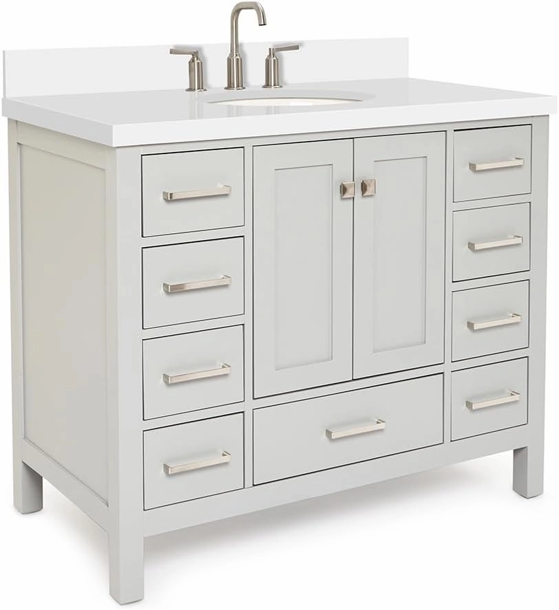 ARIEL Cambridge 43 Inch Bathroom Vanity, Grey Bathroom Vanity with Sink, Solid Wood Vanity Cabinet, Quartz Top 1.5" Edge, Oval Undermount Single Sink, 2 Soft Closing Doors, 9 Drawers