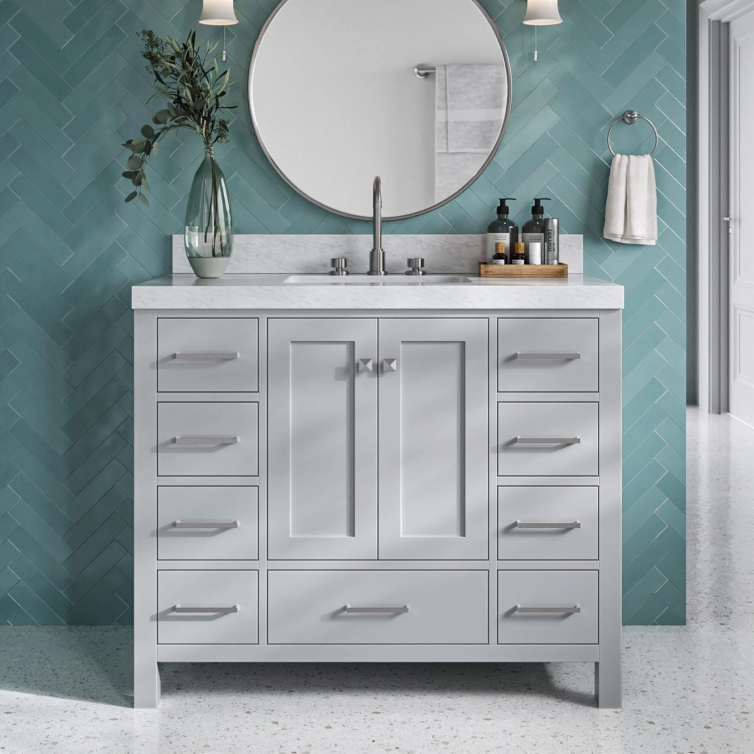 ARIEL Cambridge 43 Inch Bathroom Vanity, Grey Bathroom Vanity with Sink, Solid Wood Vanity Cabinet, Quartz Top 1.5" Edge, Oval Undermount Single Sink, 2 Soft Closing Doors, 9 Drawers