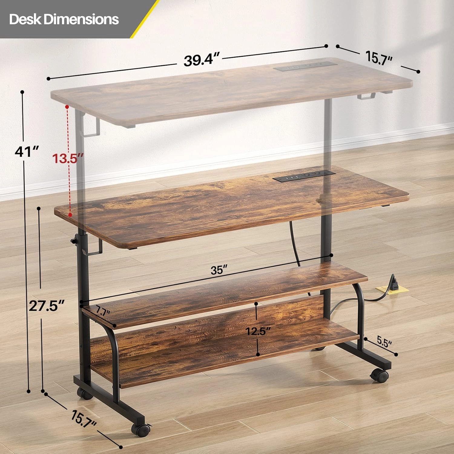Armocity Height Adjustable Standing Desk with Power Outlets, 39" Manual Stand Up Desk with Storage Shelves Small Mobile Rolling Computer Desk Portable Laptop Table with Wheels for Home Office, Rustic