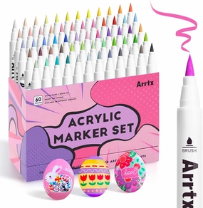 Arrtx 60 Colors Paint Markers Paint Pens, Acrylic Paint Pens for Artists Adults Coloring Drawing Cartoon Anime Comic - Brush Tip for Rock Painting, Wood, Canvas, DIY Crafts Making Art Supplies-60B