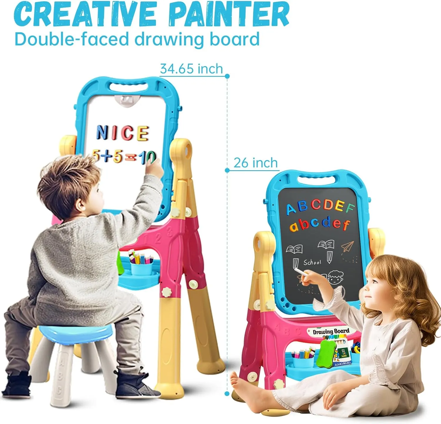 Art Easel for Kids Double Sided Magnetic Drawing Board with Letters & Numbers, Adjustable Standing Easel for Toddlers, Creative Play & Learning Toys for Kids - Blue