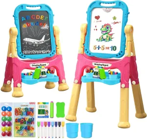 Art Easel for Kids Double Sided Magnetic Drawing Board with Letters & Numbers, Adjustable Standing Easel for Toddlers, Creative Play & Learning Toys for Kids - Blue