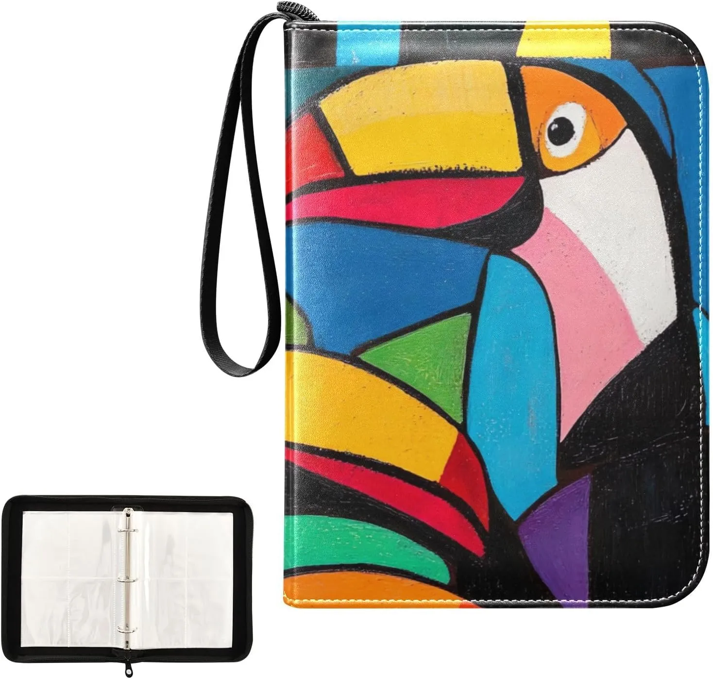 Art Painting Colorful Birds Card Binders 4-Pocket, 400 Pockets Card Holder with 50 Removable Sleeves Card Holder Protectors Set