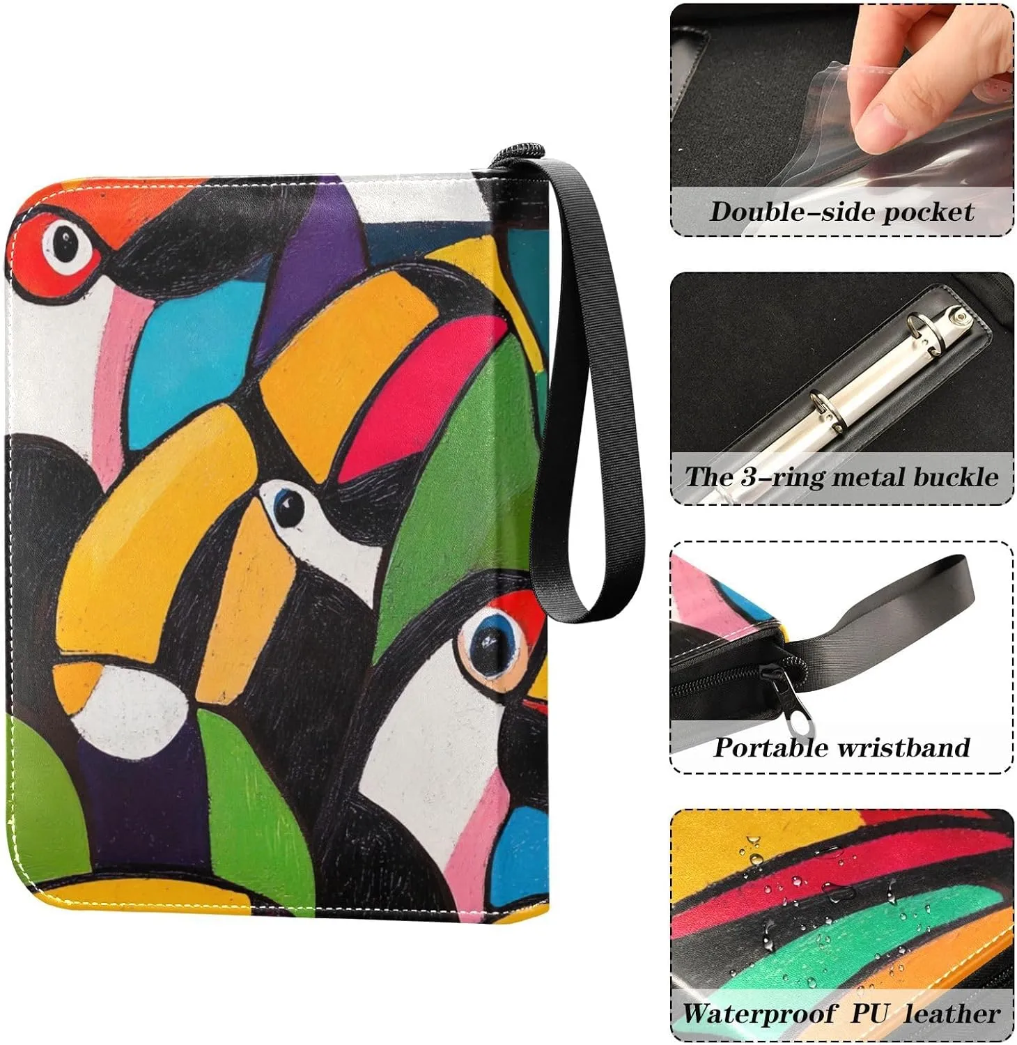 Art Painting Colorful Birds Card Binders 4-Pocket, 400 Pockets Card Holder with 50 Removable Sleeves Card Holder Protectors Set