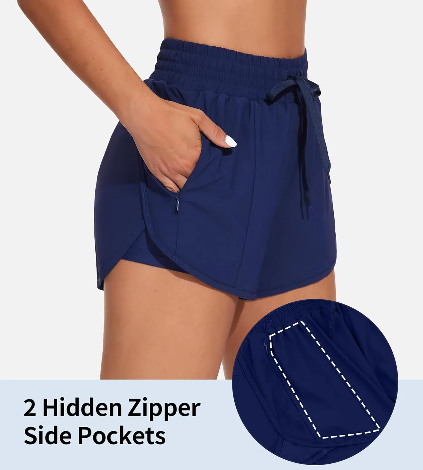 ATTRACO Women's High Waisted Swim Shorts Drawstring Board Shorts with Zipper Pockets Liner