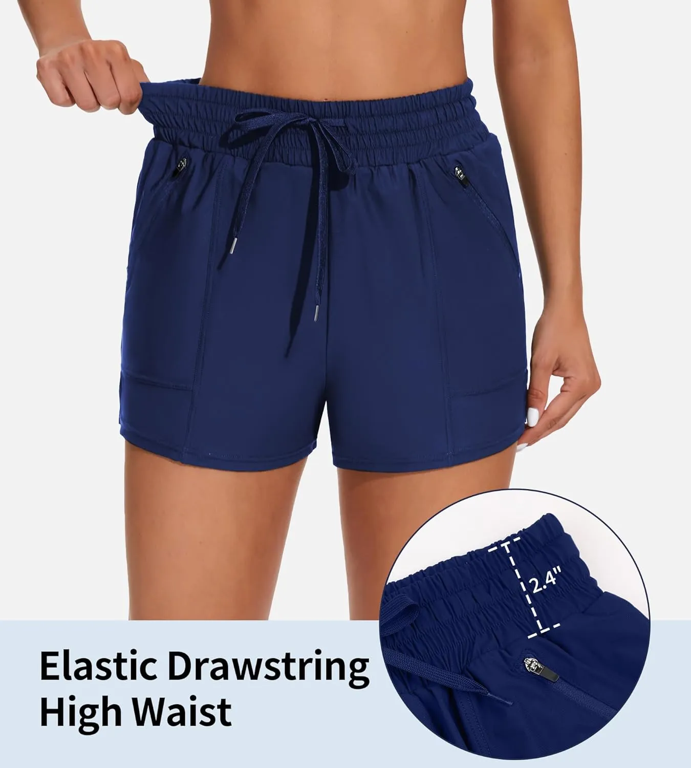 ATTRACO Women's High Waisted Swim Shorts Drawstring Board Shorts with Zipper Pockets Liner