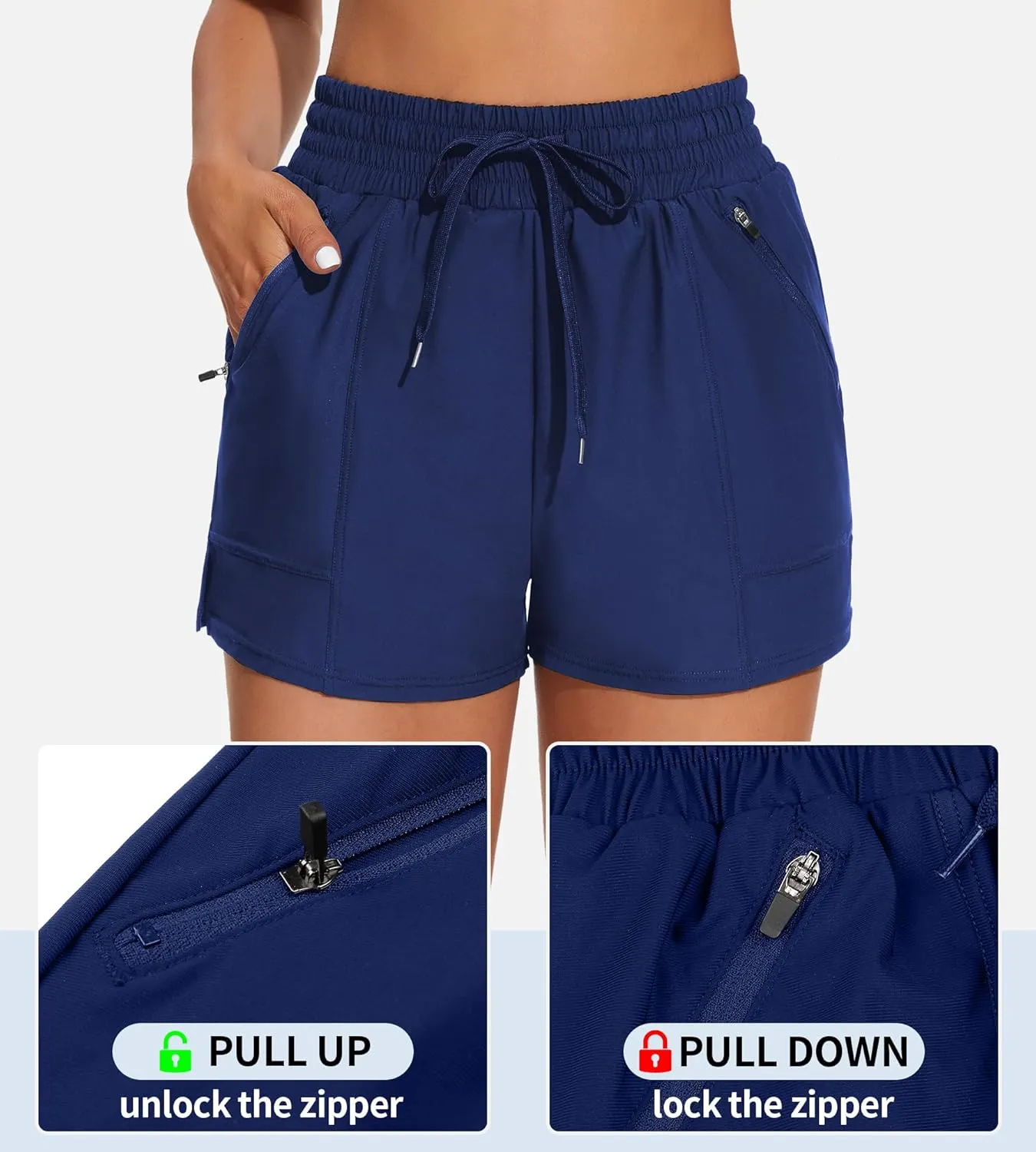 ATTRACO Women's High Waisted Swim Shorts Drawstring Board Shorts with Zipper Pockets Liner