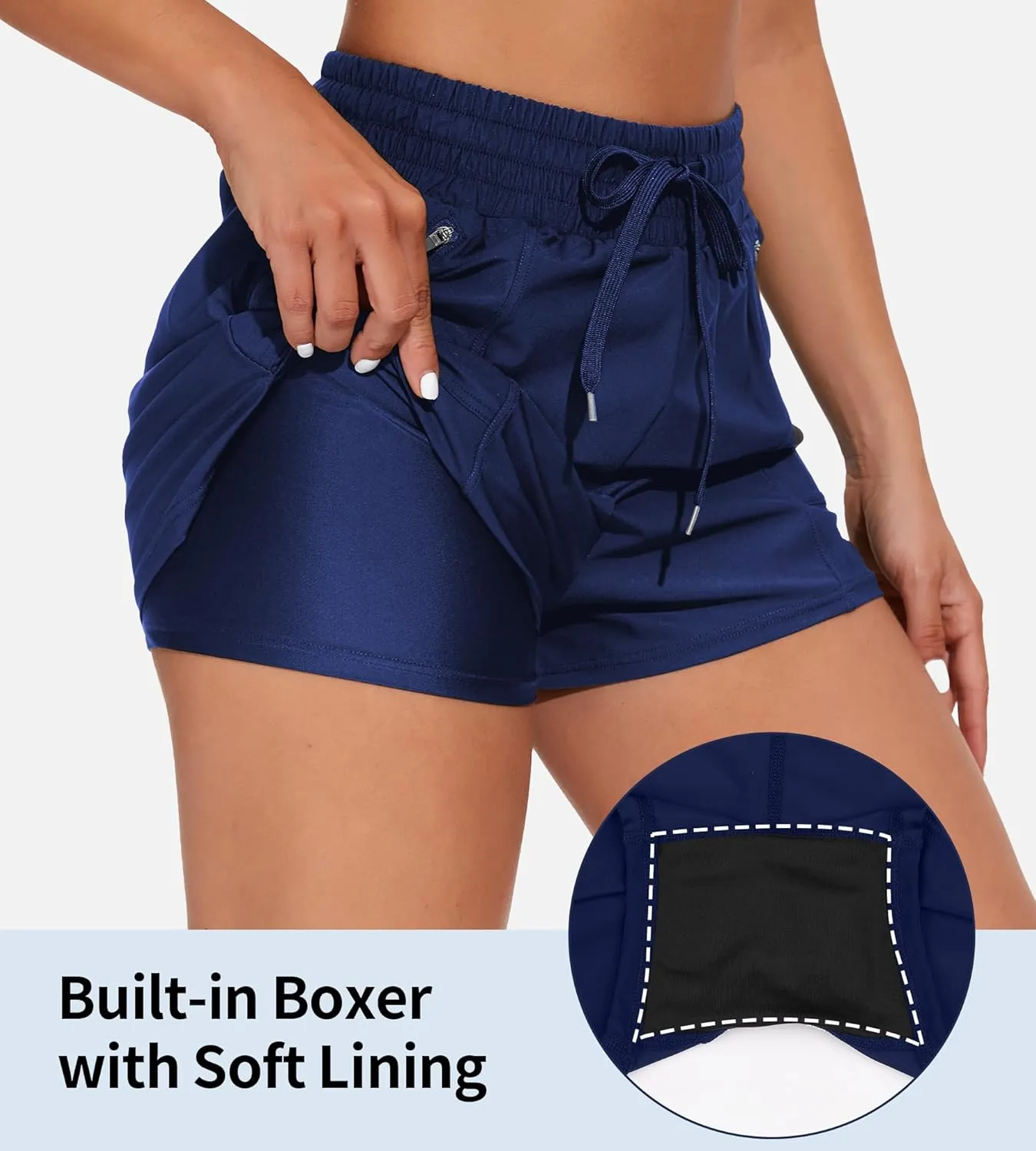 ATTRACO Women's High Waisted Swim Shorts Drawstring Board Shorts with Zipper Pockets Liner
